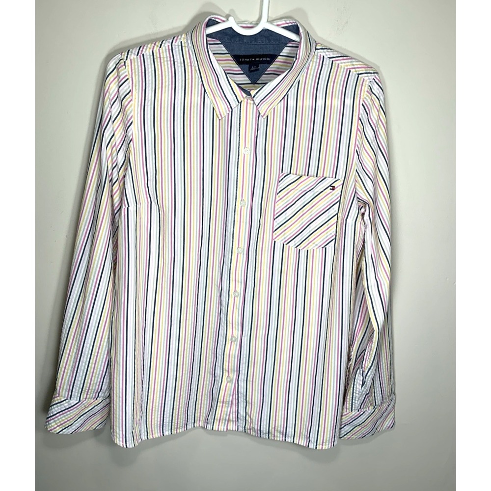 Tommy Hilfiger Shirt Womens Large Pink Seersucker Candy Stripe Long Sleeve